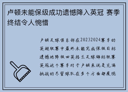 卢顿未能保级成功遗憾降入英冠 赛季终结令人惋惜 卢顿未能保级成功遗憾降入英冠 赛季终结令人惋惜